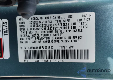 2015 Honda Cr-V Touring из США, поврежденный, VIN 5J6RM3H98FL001902